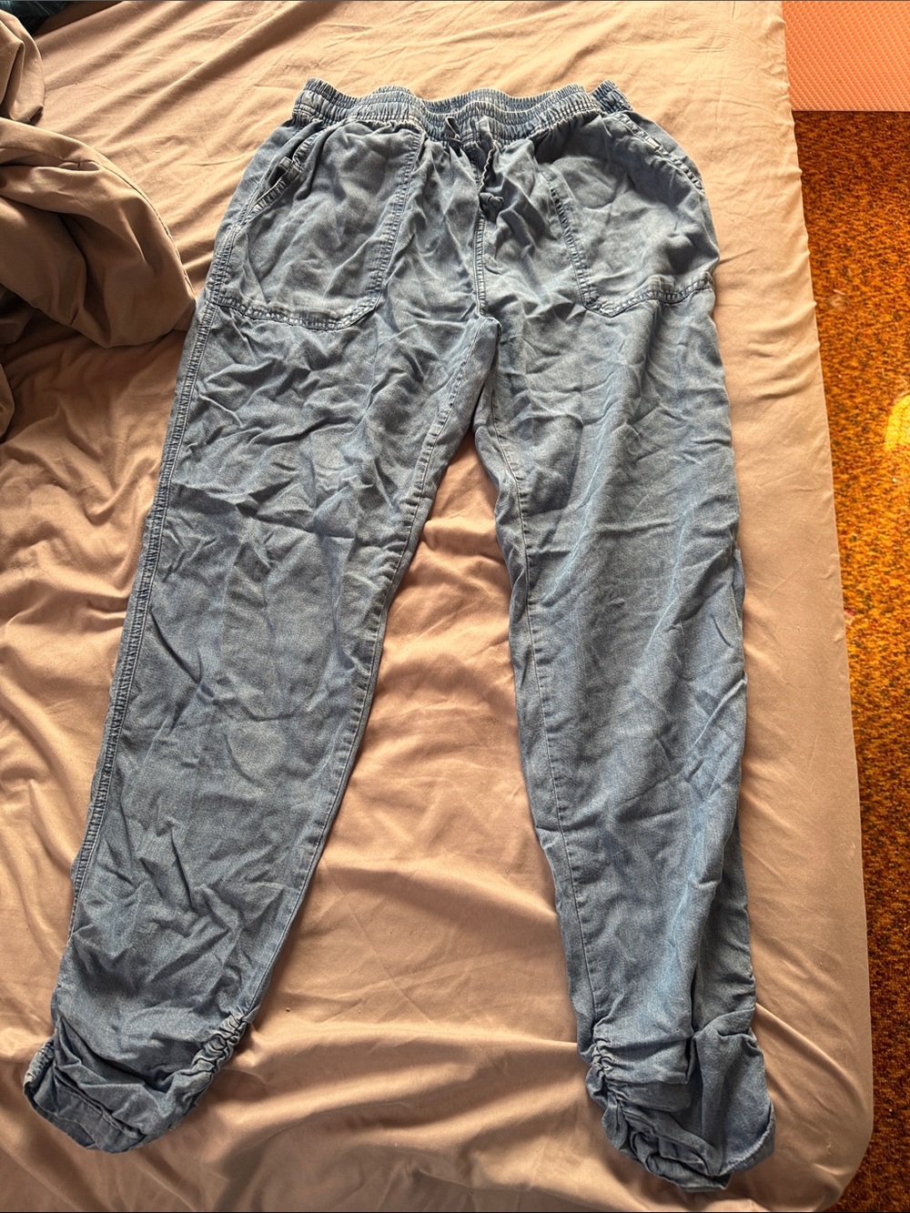 Light Blue Denim-Style Women's Jogger Pants with Elastic Waist